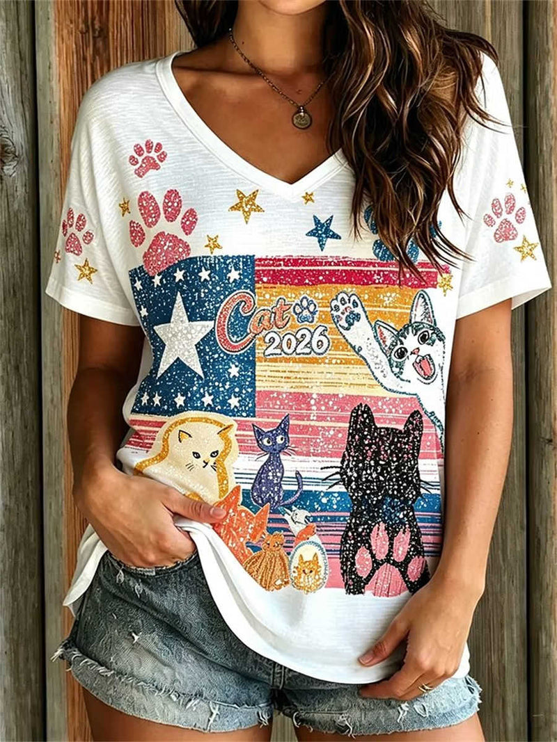 Women's White Vintage American Flag Cat Paw Star Glitter Print V Neck Short Sleeve Tee