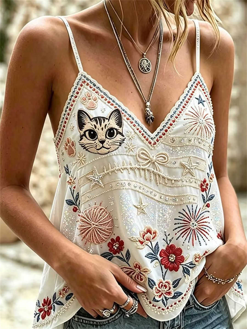 Women's White Cat Head Floral Firework Rhinestone Embroidery V Neck Sleeveless Tank