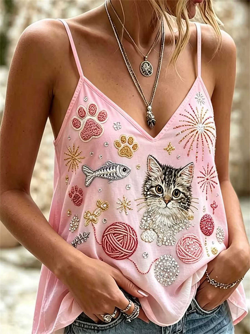 Women's Pink Cat Yarn Ball Firework Rhinestone Embroidery V Neck Sleeveless Tank