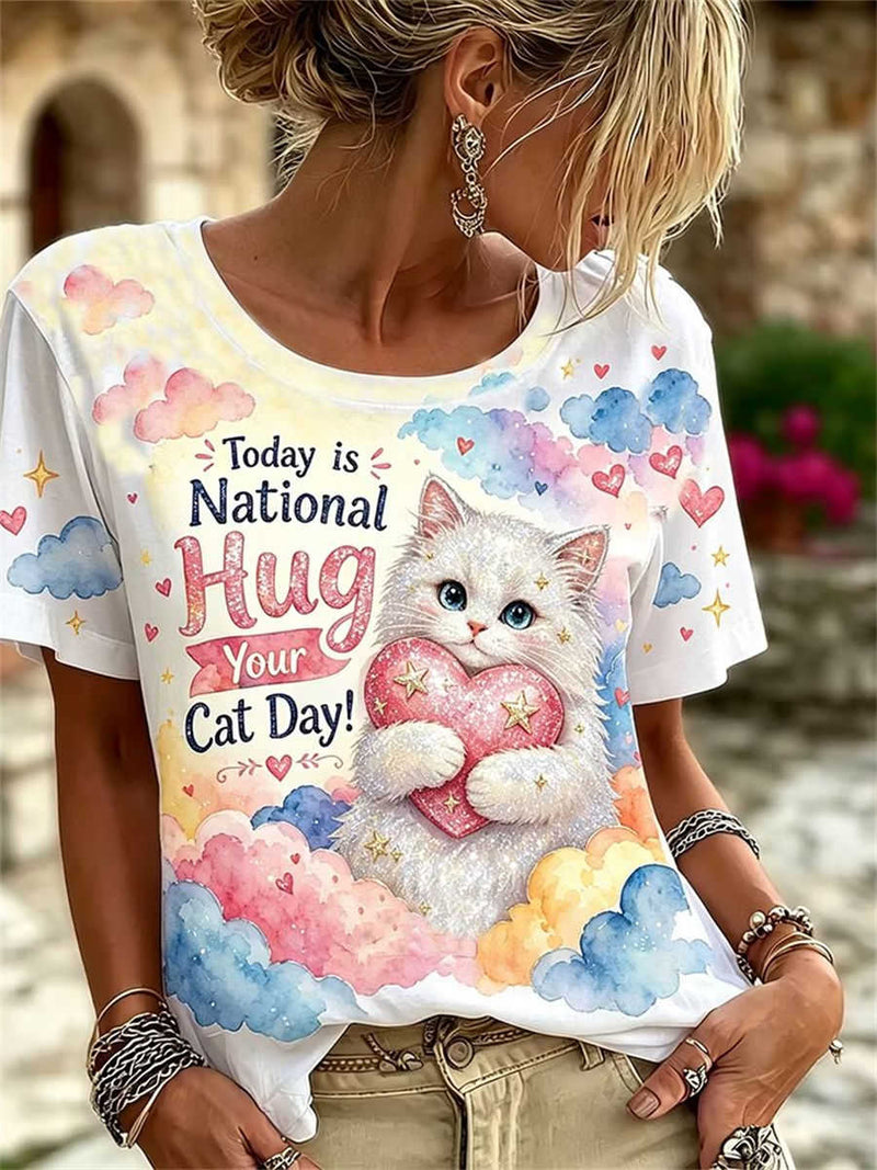 Women's White Watercolor Cloud Cat Heart Letter Print Round Neck Short Sleeve Tee
