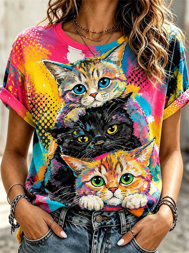 Women's Multi Graffiti Three Cats Print Round Neck Short Sleeve Tee