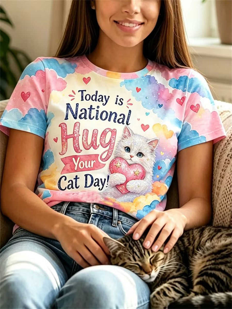 Women's Multi Cloud Cat Heart Letter Print Round Neck Short Sleeve Tee