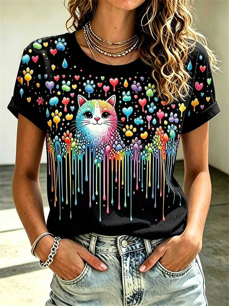 Women's Black Rainbow Drip Cat Print Round Neck Short Sleeve Tee