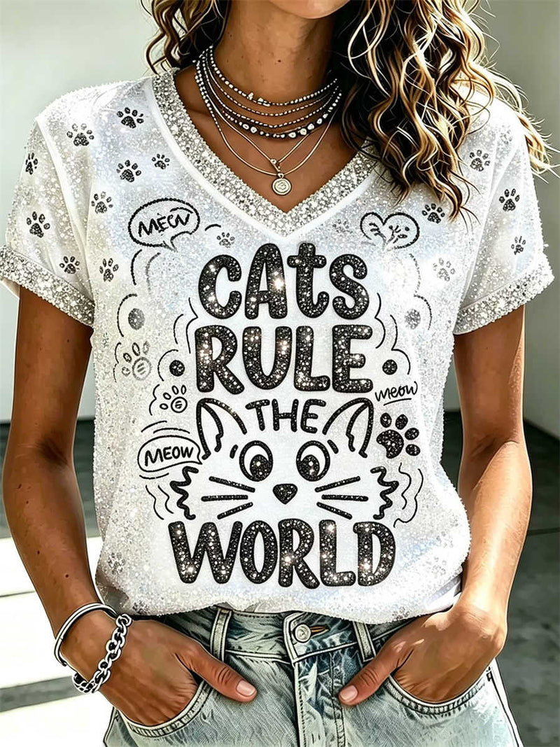Women's White Sequin Cat Letter Print V Neck Short Sleeve Tee