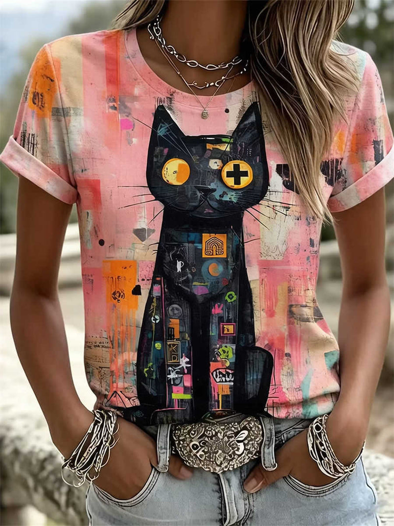 Women's Pink Graffiti Black Cat Print Round Neck Short Sleeve Tee