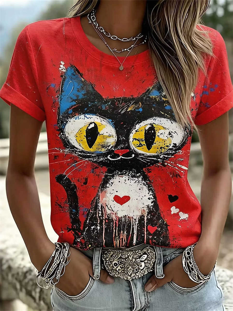 Women's Red Graffiti Black Cat Print Round Neck Short Sleeve Tee