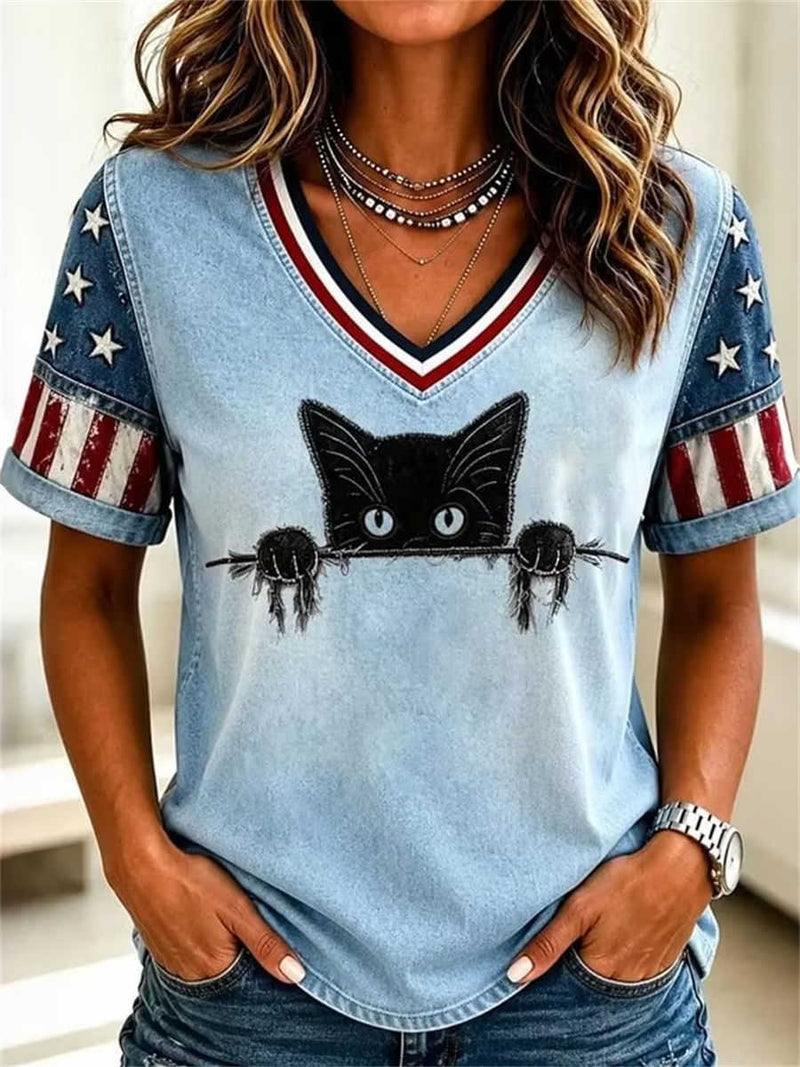 Women's Denim Blue American Flag Embroidered Black Cat V Neck Short Sleeve Tee