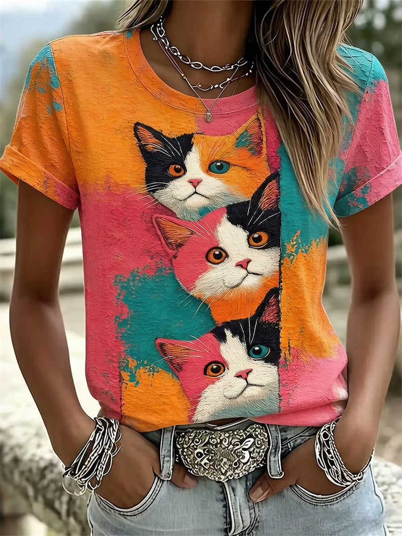 Women's Orange Three Cats Print Round Neck Short Sleeve Tee