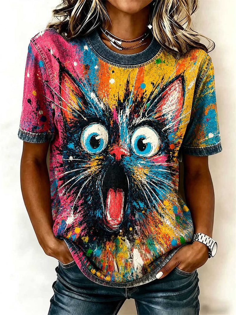Women's Multi Splash Ink Cat Print Round Neck Short Sleeve Tee