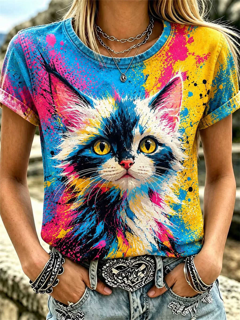Women's Blue Yellow Splash Color Cat Print Round Neck Short Sleeve Tee
