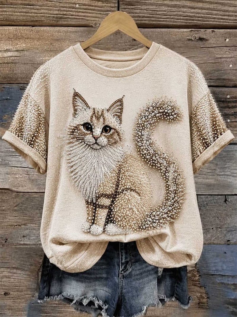 Women's Beige Rhinestone Cat Print Round Neck Short Sleeve Tee
