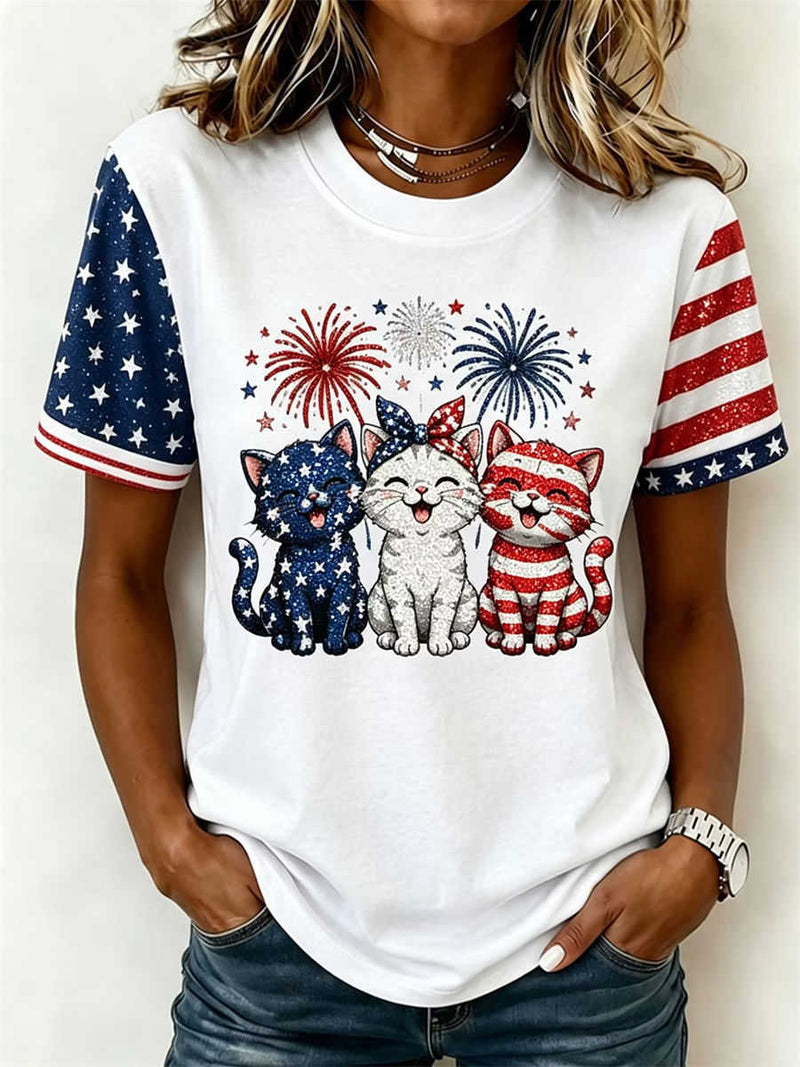 Women's White American Flag Spliced Cats Fireworks Print Round Neck Short Sleeve Tee