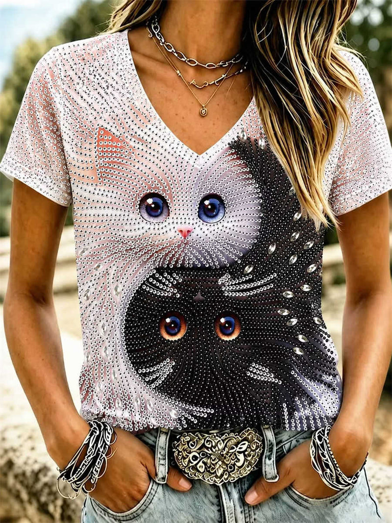 Women's White Cute Rhinestone Cats V Neck Short Sleeve Tee