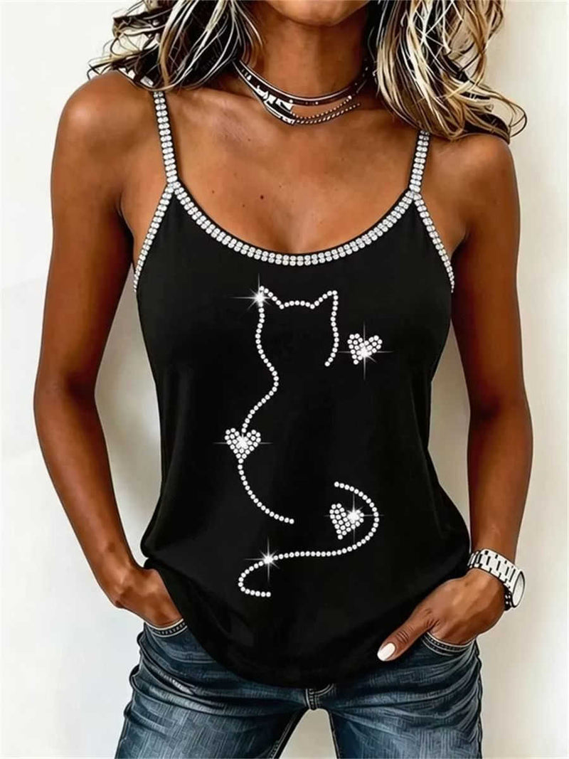 Women's Black Rhinestone Cat Round Neck Spaghetti Strap Tank