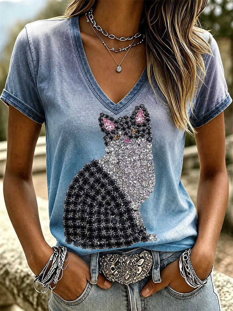 Women's Washed Blue Rhinestone Cat V Neck Short Sleeve Tee