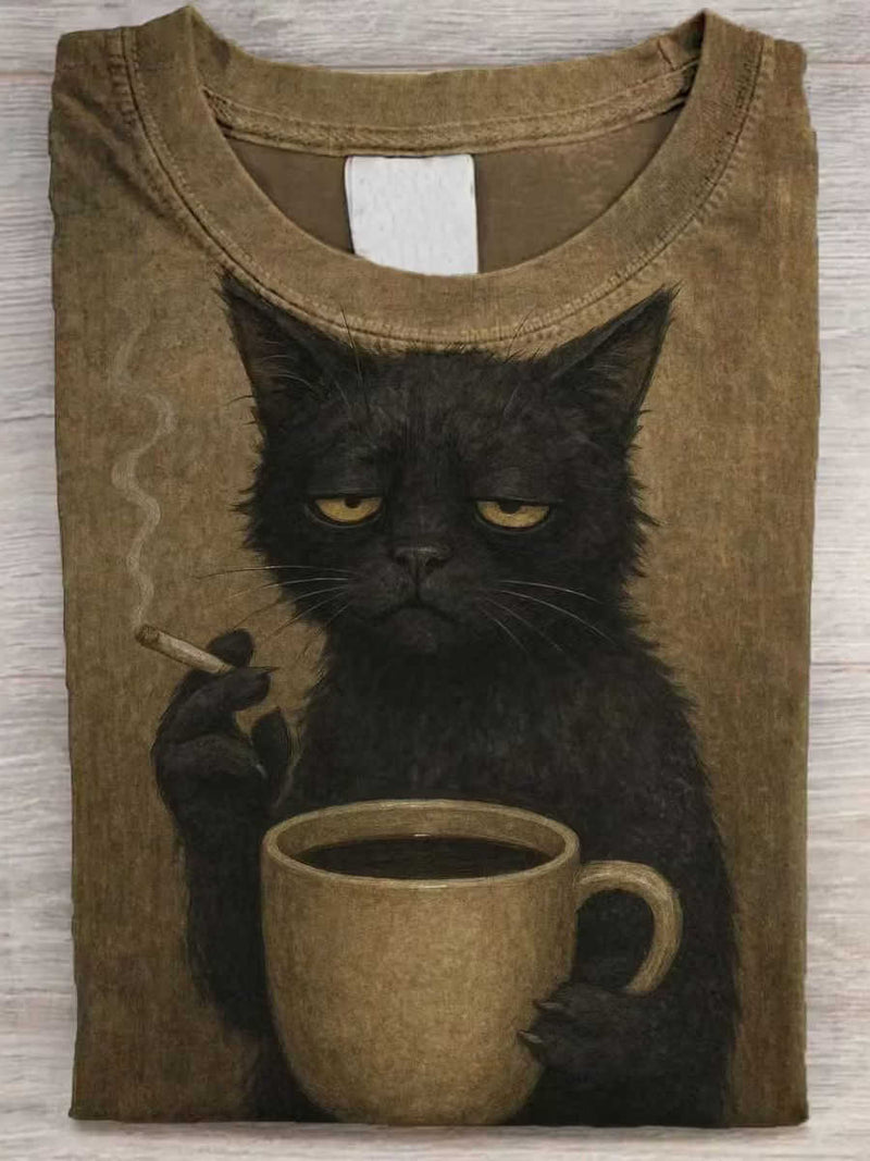 Women's Khaki Funny Cat Print Round Neck Short Sleeve Tee