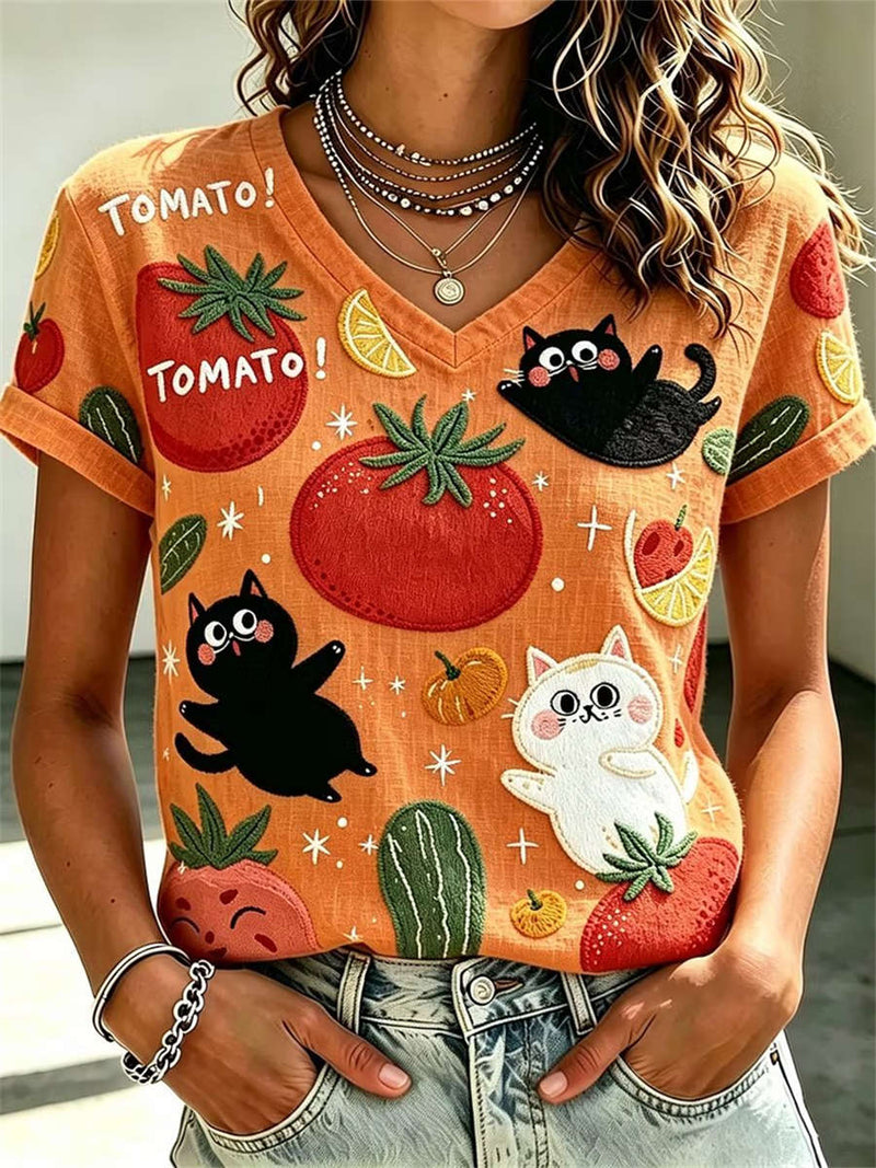 Women's Orange Tomato Cat Fruit Embroidered V Neck Short Sleeve Tee