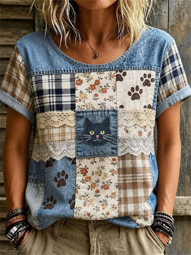 Women's Denim Blue Patchwork Cat Embroidered Lace Round Neck Short Sleeve Tee
