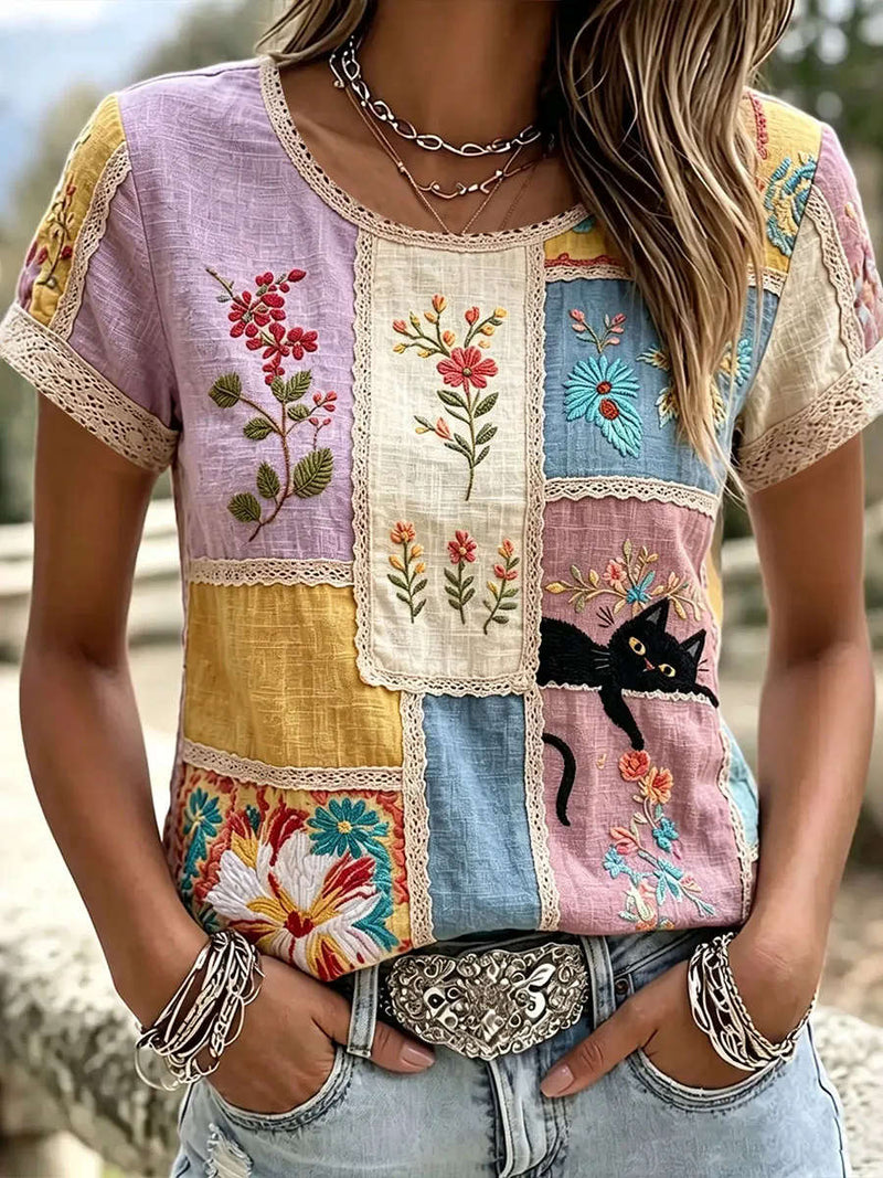 Women's Multi Patchwork Floral Cat Embroidered Lace Round Neck Short Sleeve Tee