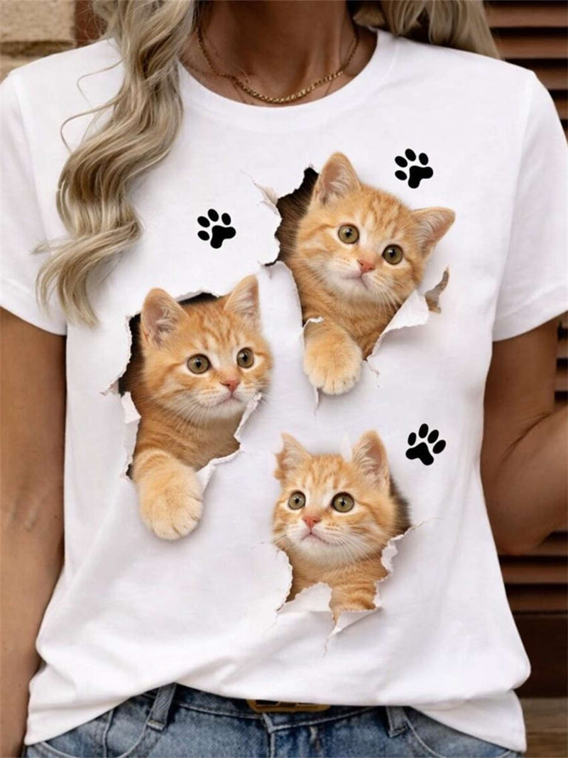 Women's White 3D Cat Paw Print Round Neck Short Sleeve Tee
