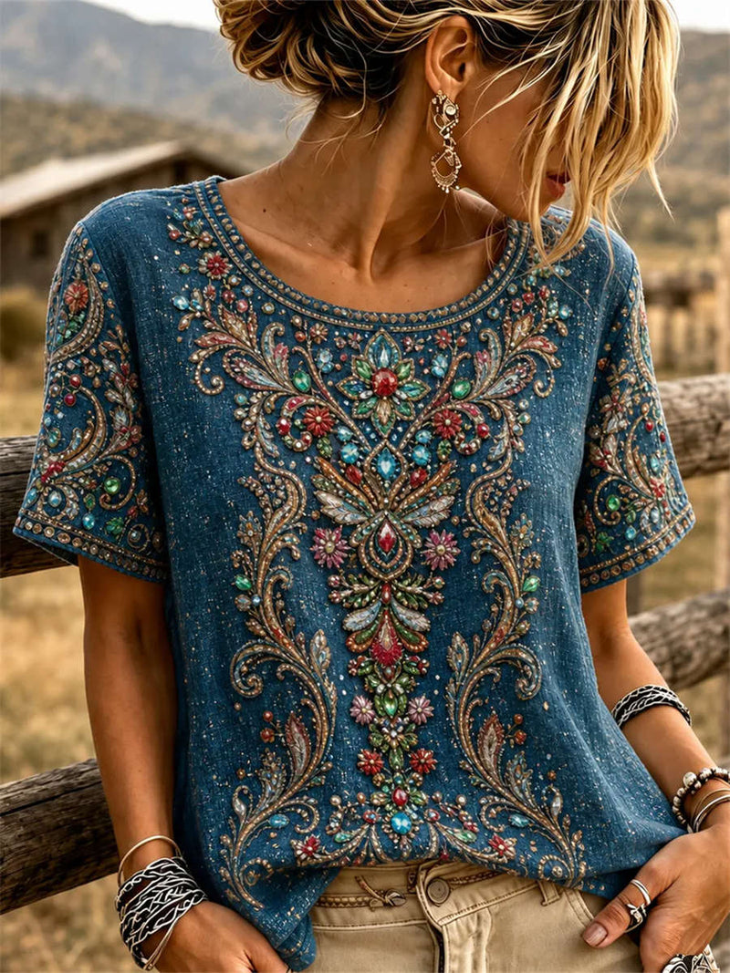 Women's Blue Ethnic Floral Embroidery Round Neck Short Sleeve Tee