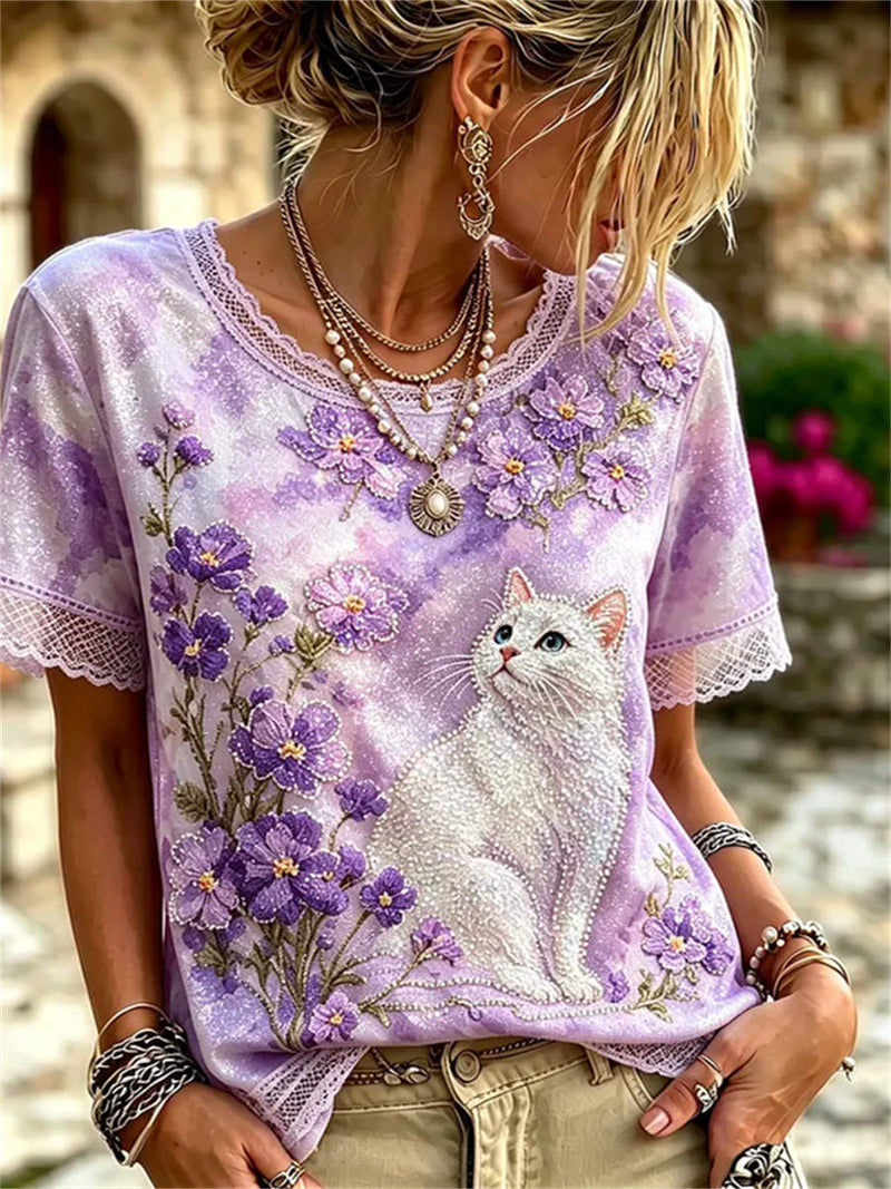 Women's Light Purple Cat Floral Embroidery Lace Round Neck Short Sleeve Tee
