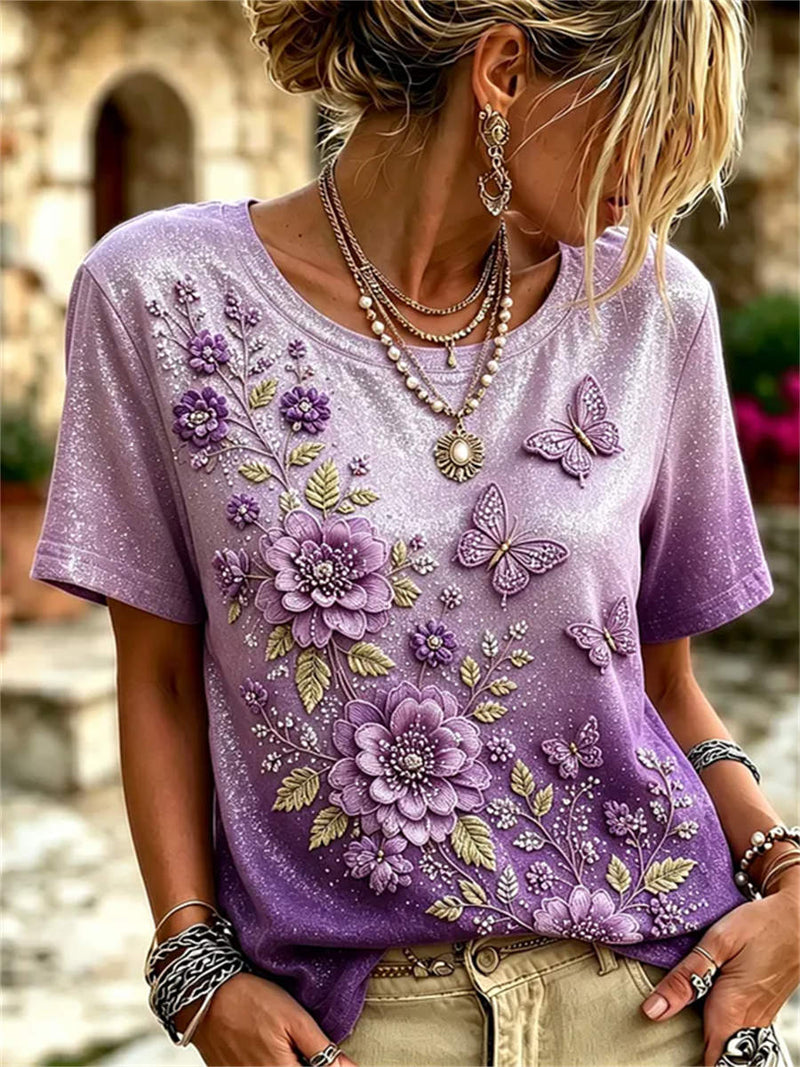 Women's Purple Gradient Butterfly Floral Print Round Neck Short Sleeve Tee