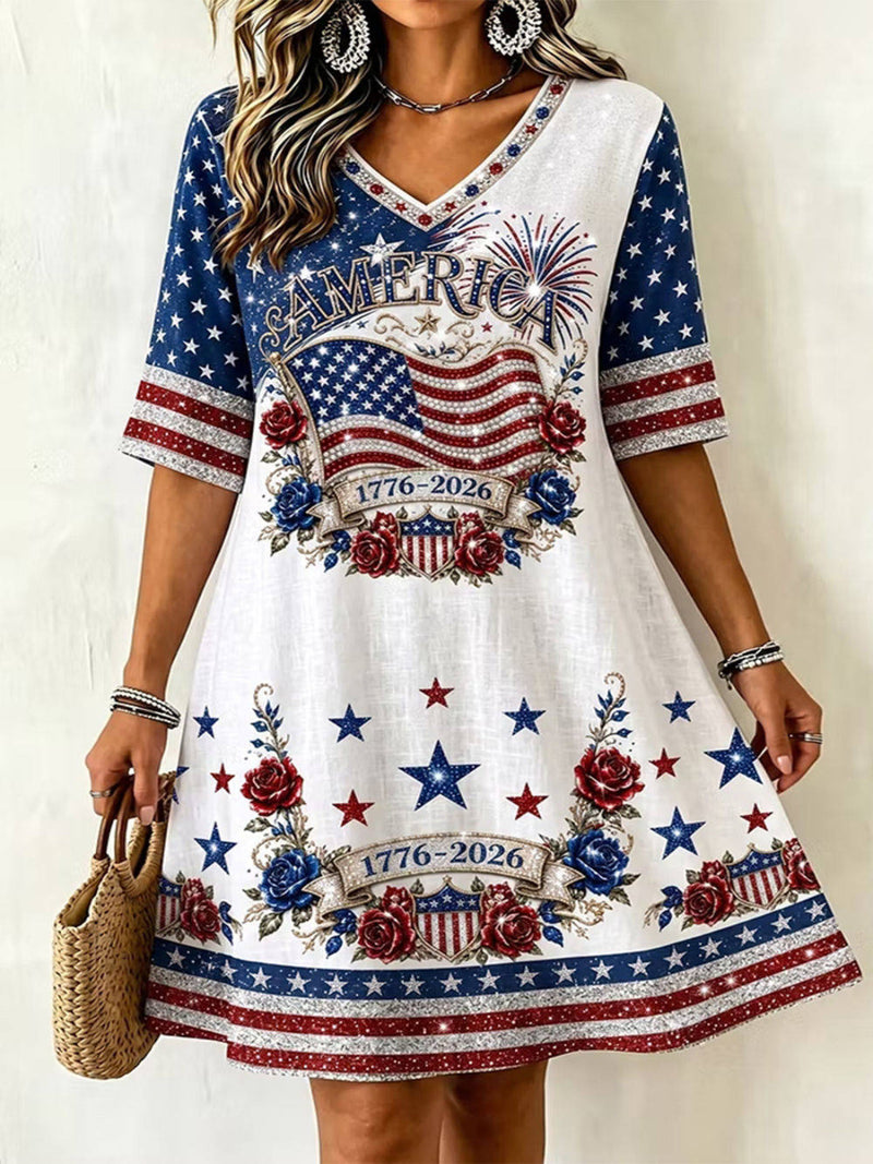 America 250th Anniversary White Letter Star Floral Print V Neck Half Sleeve Mini Dress