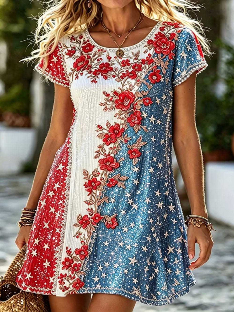 America 250th Anniversary Multi Star Floral Embroidery Round Neck Short Sleeve Mini Dress