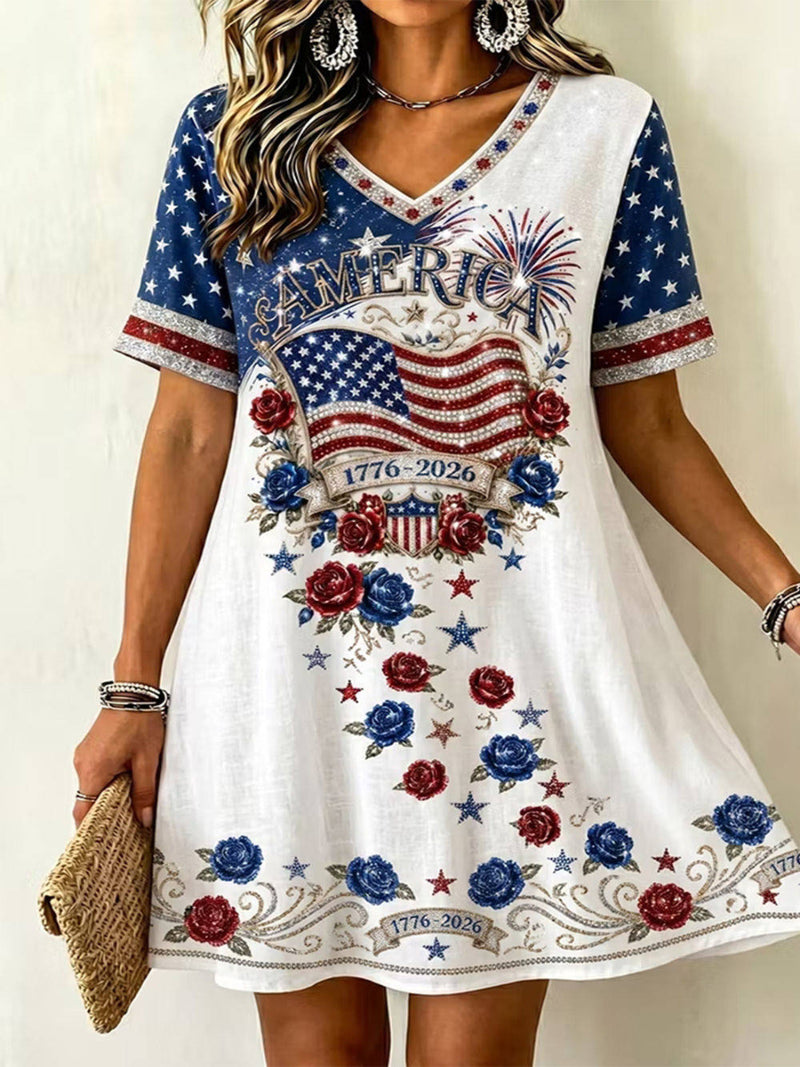 America 250th Anniversary White Letter Star Floral Print V Neck Short Sleeve Mini Dress