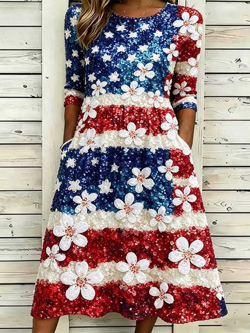 America 250th Anniversary Stripe Star Floral Round Neck 3/4 Sleeve Midi Dress