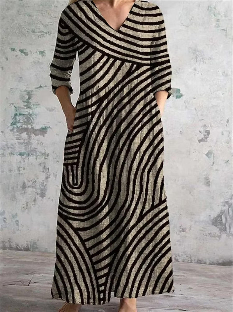 Beige Irregular Curve Stripe Print V Neck 3/4 Sleeve Linen Maxi Dress