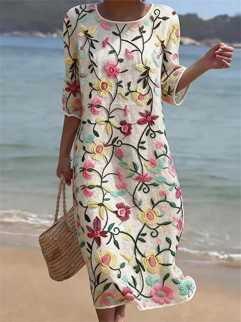 White Floral Embroidery Round Neck 3/4 Sleeve Midi Dress