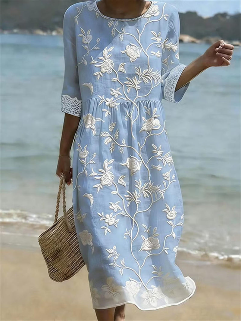 Light Blue Floral Embroidery Lace Cuff Round Neck 3/4 Sleeve Midi Dress