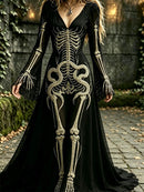 Women's Halloween Black Skeleton Print V Neck Flare Sleeve Maxi Dress