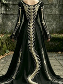 Women's Halloween Black Skeleton Print V Neck Flare Sleeve Maxi Dress