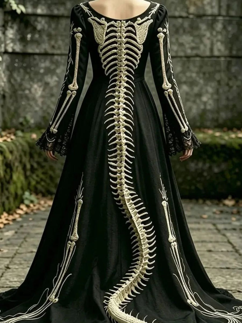 Women's Halloween Black Skeleton Print V Neck Flare Sleeve Maxi Dress
