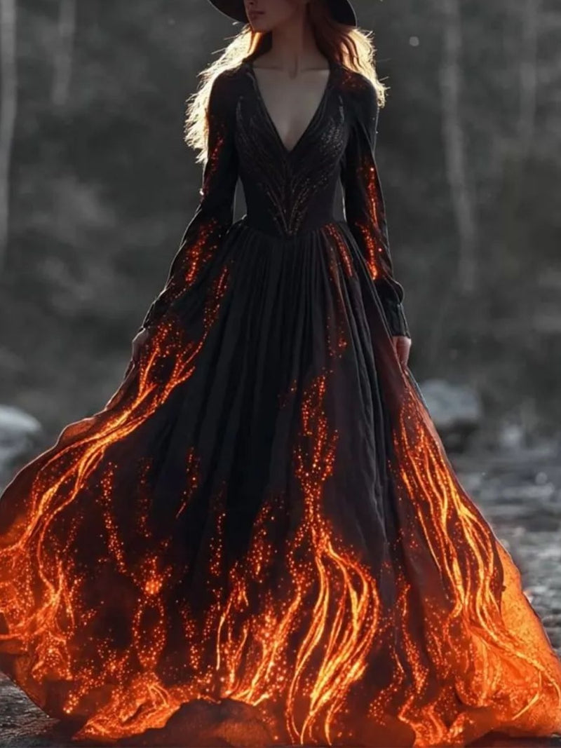 Women's Halloween Black Flame Print V Neck Long Sleeve Maxi Dress