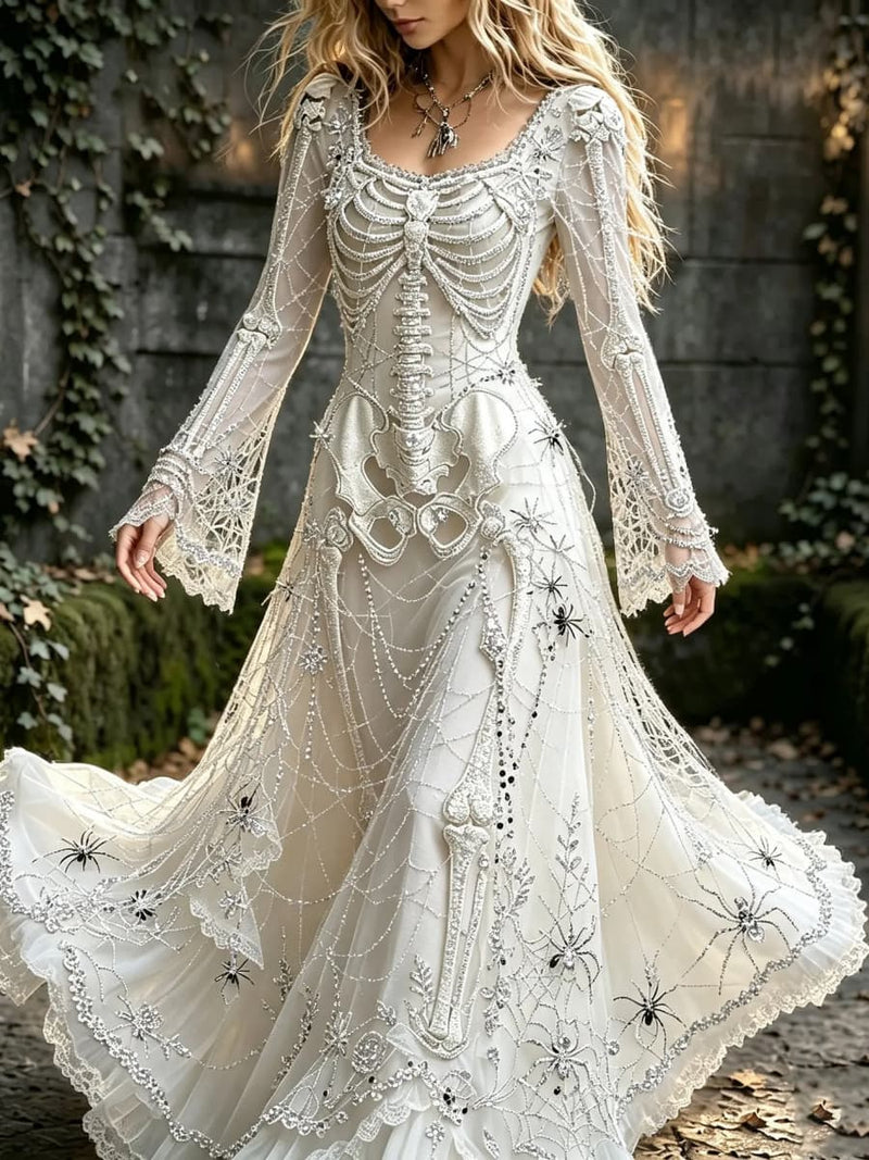Women's Halloween White Skeleton Spider Web Print Square Neck Long Sleeve Maxi Dress