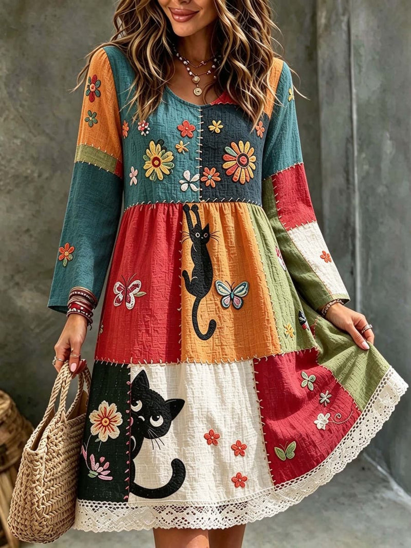Women's Multi Cat Floral V Neck Long Sleeve Midi Dress