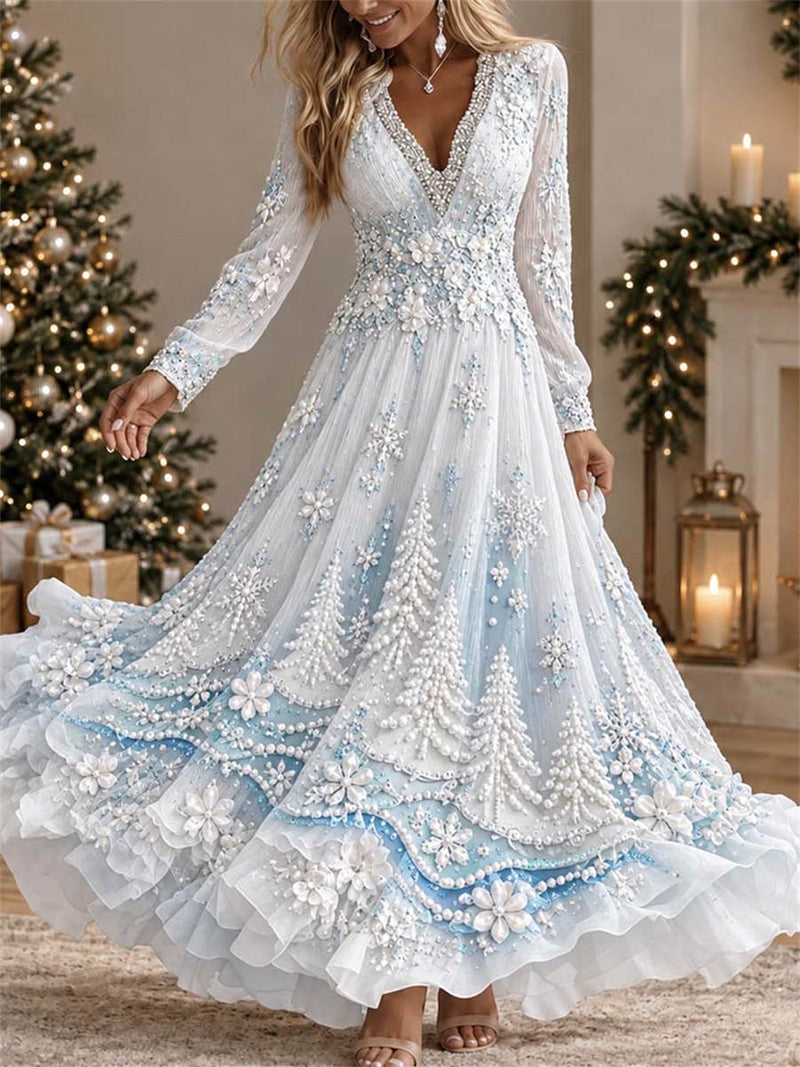 Women's Christmas White Floral V Neck Long Sleeve Maxi Dress