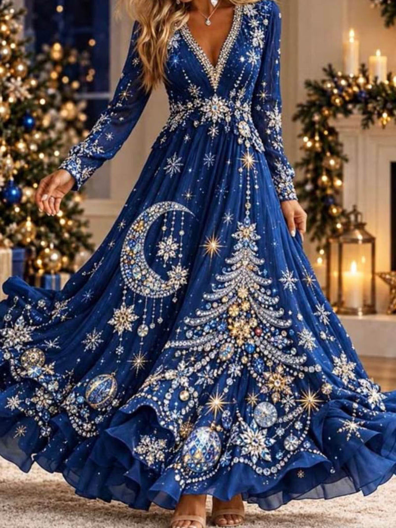 Women's Christmas Blue Print V Neck Long Sleeve Maxi Dress