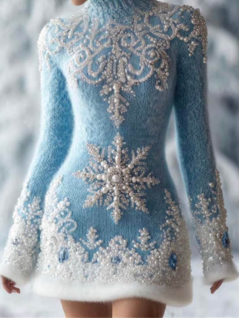Women's Christmas Light Blue Snowflake Print Turtleneck Long Sleeve Mini Dress