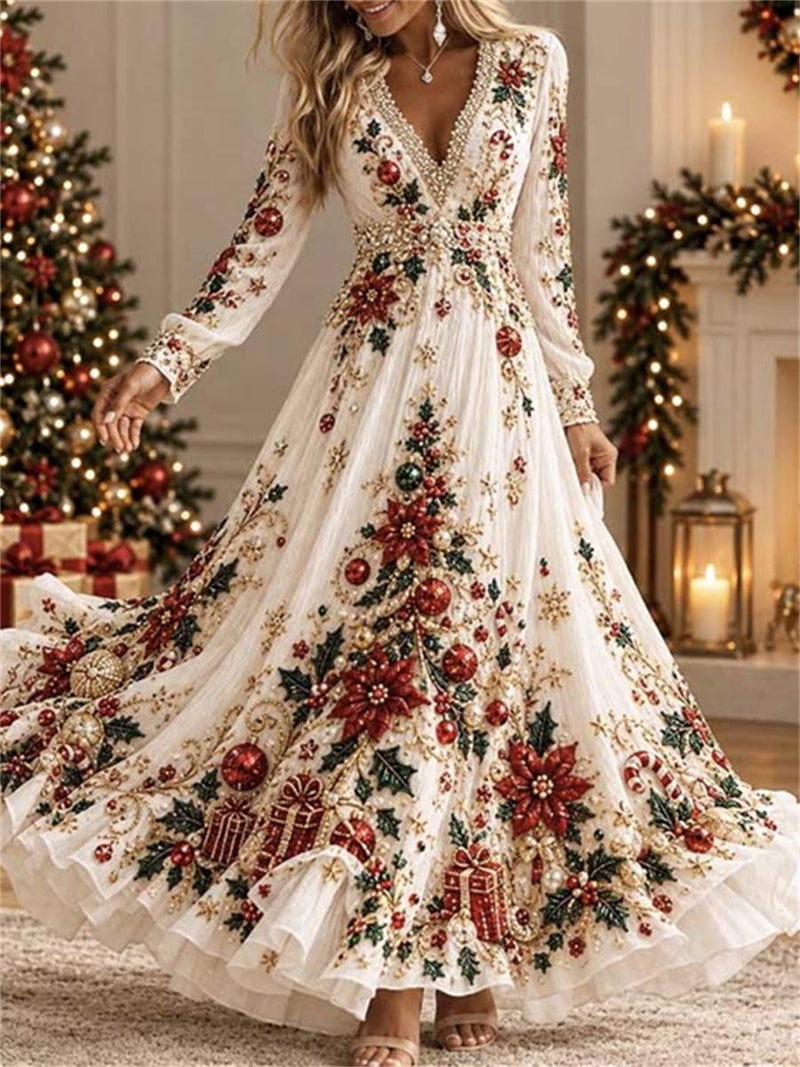Women's Christmas White Floral V Neck Long Sleeve Maxi Dress