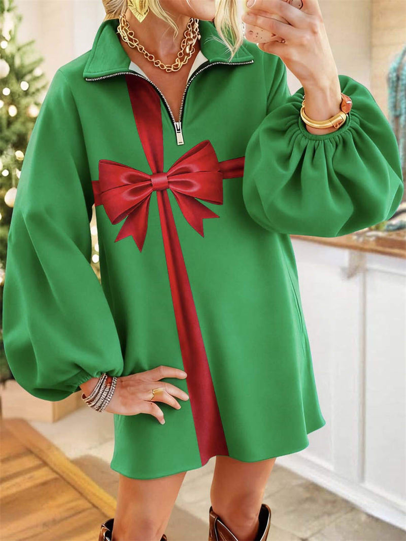 Women's Christmas Green Bow Collared Zip Puff Sleeve Mini Dress