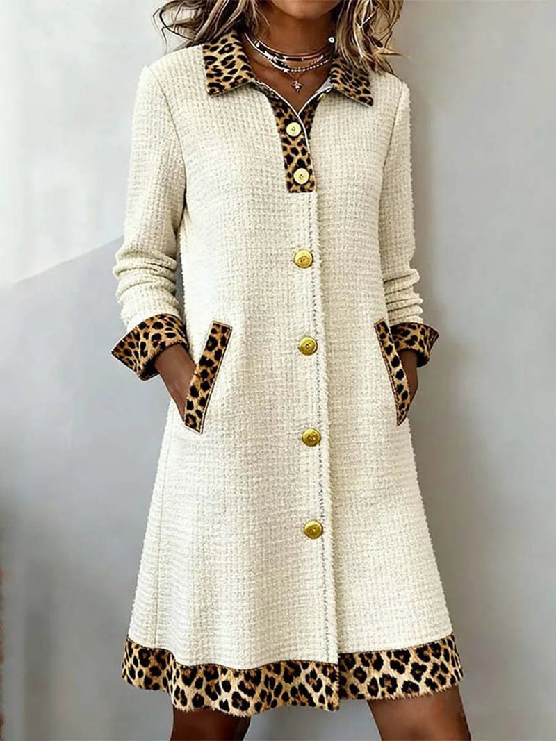 Women's Cream Leopard Patchwork Collar Long Sleeve Midi Dress