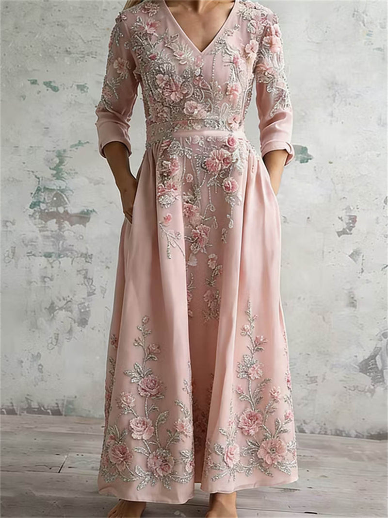 Women's Pink Floral V Neck Long Sleeve Maxi Dress