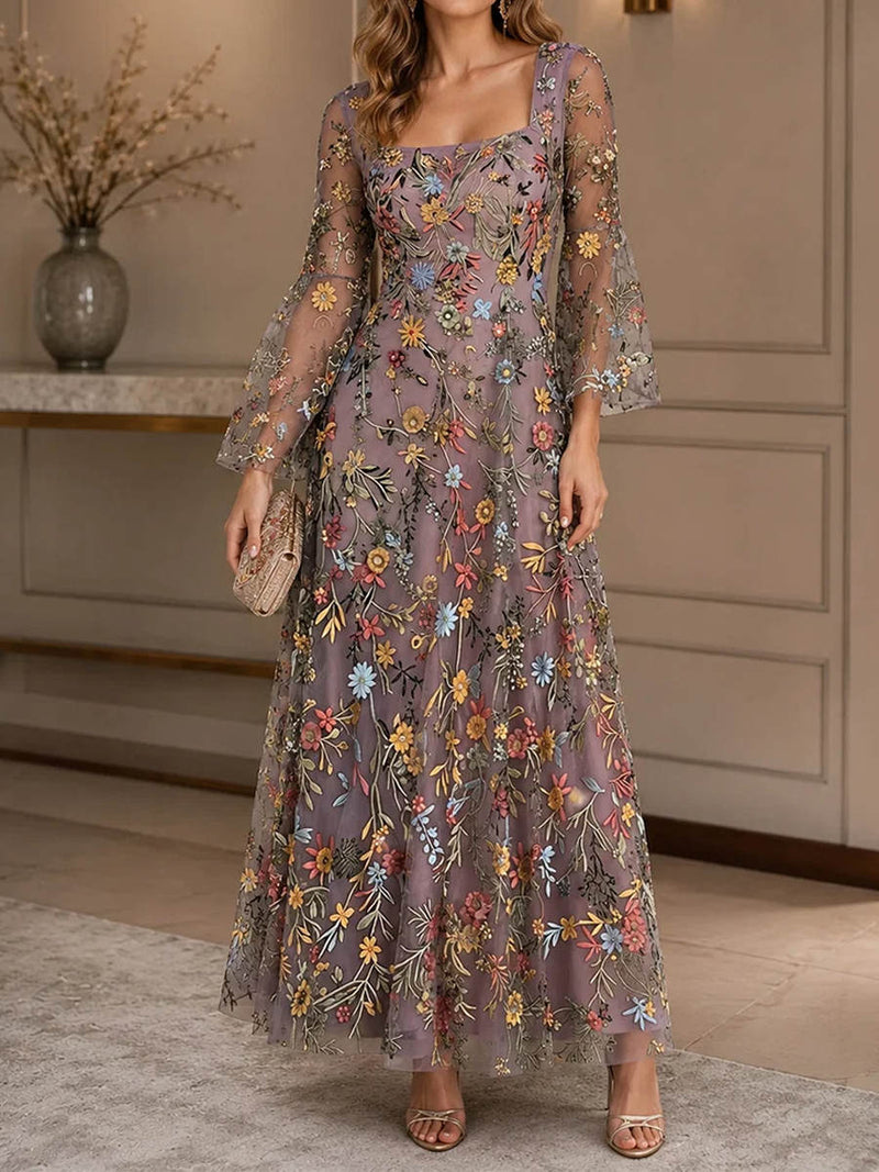 Women's Dusty Purple Floral Square Neck Long Sleeve Maxi Dress