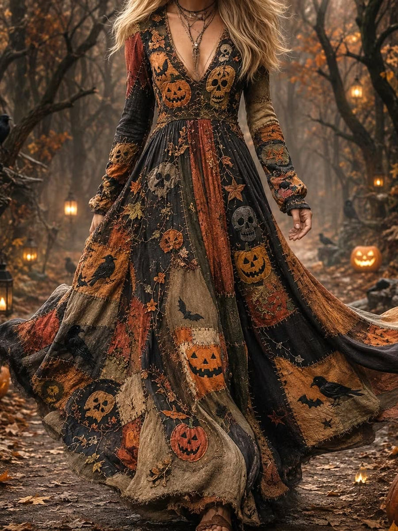 Women's Halloween Multi Color Pumpkin Skull Crow Bat Patchwork V Neck Long Sleeve Maxi Dress