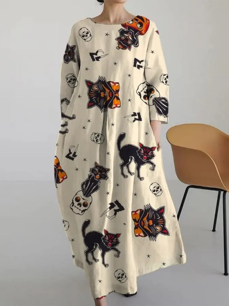 Women's Halloween Off White Black Cat Skull Star Round Neck Three Quarter Sleeve Maxi Dress